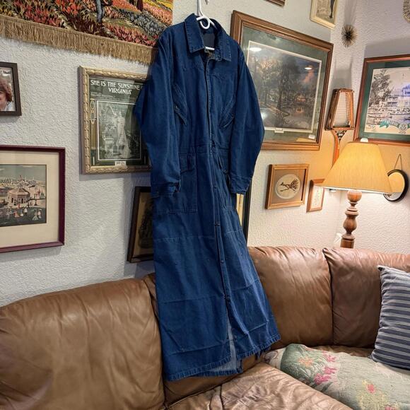 J. Peterman Horsemans 80s Duster Ranchers Coverall Jacket Equestrian Denim Large - Picture 2 of 9